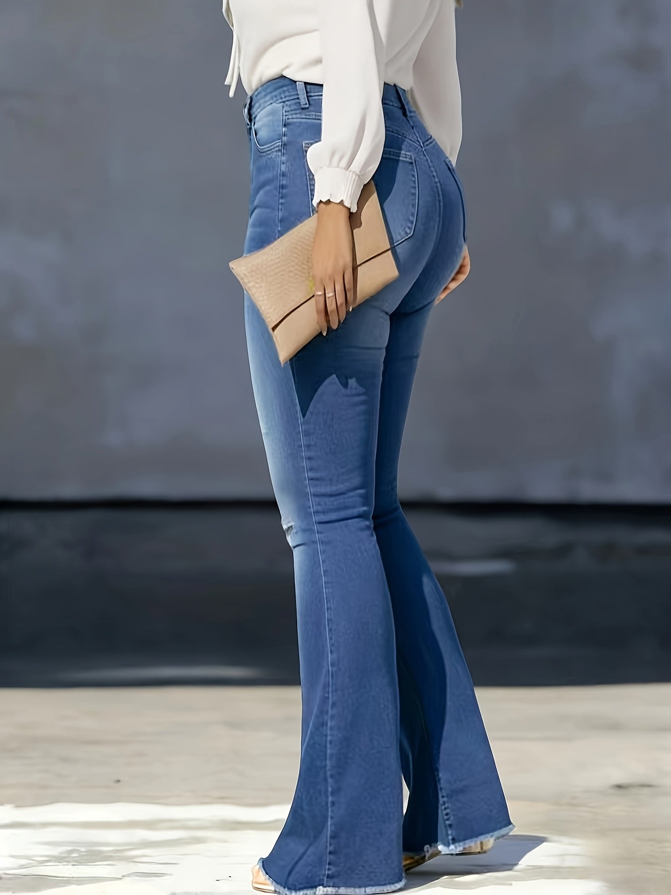 Women's Sexy Ripped Distressed Bell-Bottom Jeans - Mid-Rise Tight-Fit Pants with Full-Length Bell Flare Legs, Beltless & Machine Washable for Casual Outfits (//Daily Wear) - - Wearable in Stock