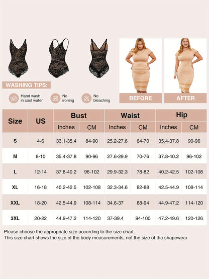 Sleeveless V-Neck Lace Bodysuit for Women, Tummy Control Shapewear Jumpsuit