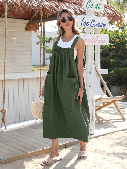 [Loose Midi Dress] Women's Loose Adjustable Strap Midi Overall Dress with Big Pockets in Workwear Style