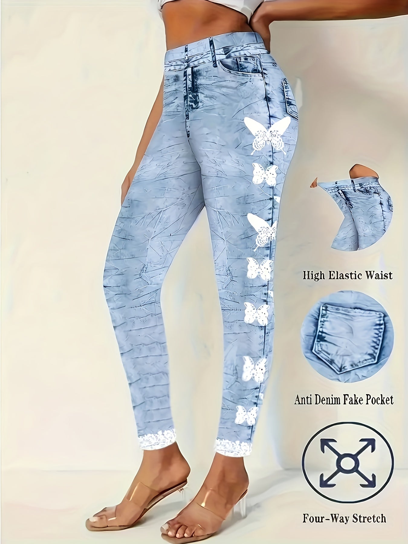 [Printed Pants - Not Denim Fabric] Ladies' Elastic Butterfly Print Leggings - Imitation Denim Elastic Fabric, Fake Pockets, All-season Comfort, Machine Washable, Suitable for Casual And Vacation Wear.