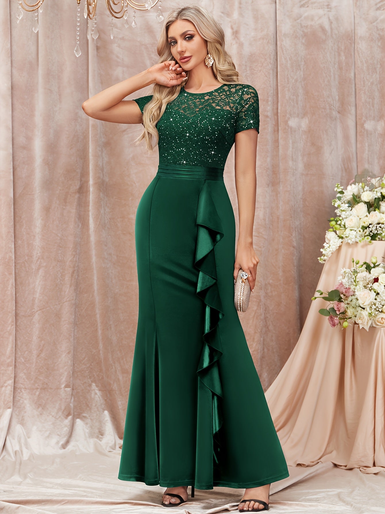 53272 Elegant Womens Sequin Lace Contrast Bridesmaid Maxi Dress, Scoop Neck Short Sleeves, Side Ruffle Detail, Satin Mermaid Hem, Perfect for Graduation Season, Wedding Season, Summer Wedding Guest, Evening Party, Summer Vacation Events And Formal
