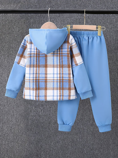 2pcs, Autumn And Winter New Boys' Long-Sleeve Plaid Cardigan Suit Boys' Puff Hooded Jacket Boys' Fashion Work Pants, for Outdoor