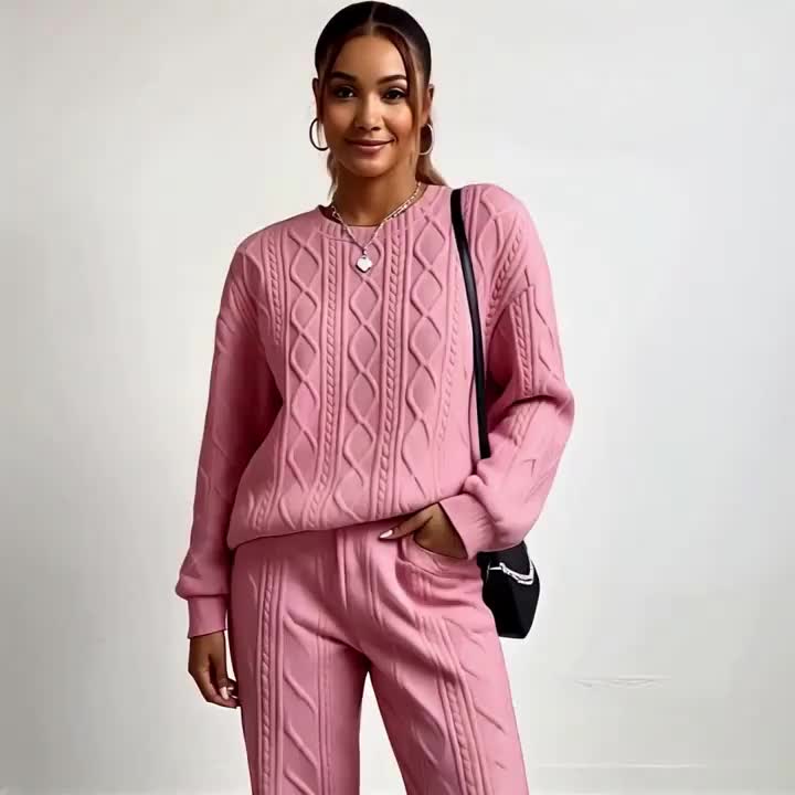 Women's Casual 2pcs Pullover Set - Consists Of A Textured Solid Color Jacquard Long-sleeve Crewneck Top And Sweatpants, High-quality Fabric, Women's Suit, Women's Summer Clothing, Sweatsuits Women 2pcs Women Clothing