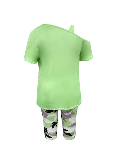 Plus Size - Ladies Plus Size Daily Casual One-Shoulder Short Sleeve Two-Piece Outfit, Diagonal Shoulder Design, Slim Fit Camouflage Pants Suit With Letter Print.