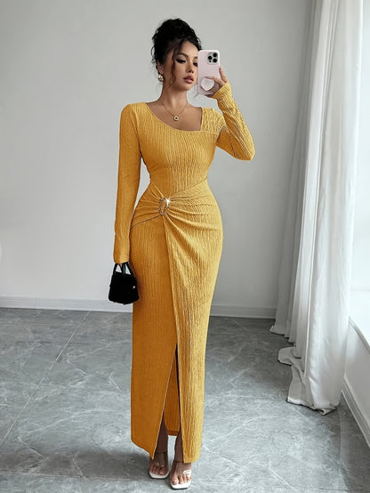 Women'S Solid Color Twisted Split Maxi Dress Asymmetrical Neck Slim Bodycon Fall Winter Elegant Fashion Dress