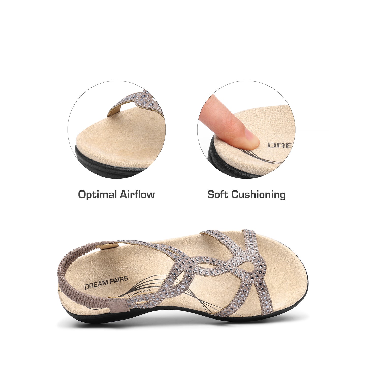 Women's Comfort Dressy Rhinestone Summer Beach Sandals Slip-on Flat Walking Orthopedic Sandals with Elastic Back Strap Soft & Cushioned Day-to-night wear Sandals