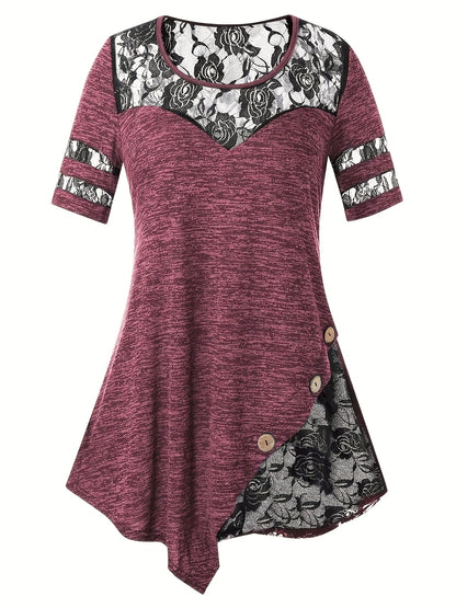 Plus Size - Plus Size - Women'S Plus Size Lace Trim Blouse Tops, Flattering V-Neck Tunic Shirt, Casual Dressy Elegant Tops, Flowy Tunic Top with Lace Sleeves, Comfort Stretch Blouse for Women, Loose Fit Shirt, Sizes XL-5X