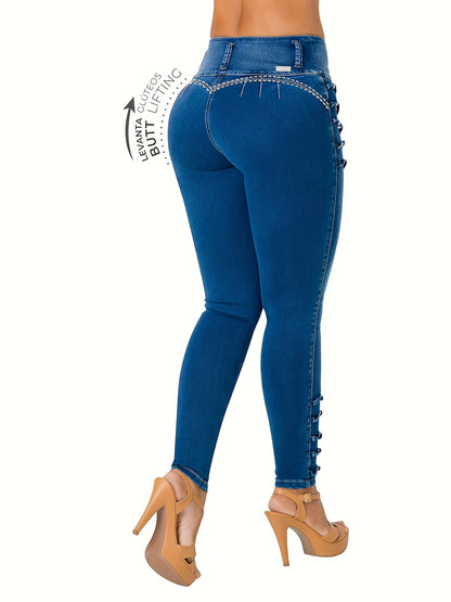 Casual Women'S Jeans with a Blue Wash, Featuring Front Buttons, Side Decorations, an Elastic Waist for a Lifting Effect, And a Snug Fit at The Ankles