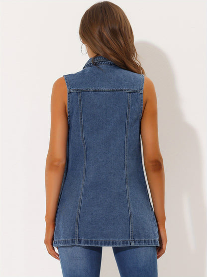 Women'S Denim Vest Sleeveless Button Waistcoat Casual Long Jean Vests