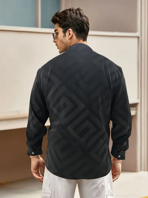 1pc of Men'S Oversized Stylish Casual Shirt Featuring a Geometric Print, Made of 95% And 5% Spandex, with a Non-Stretch Fabric, Lapel Collar, Long Sleeves, Button Accents, Woven Design, And a Regular Fit Suitable for Spring And Fall, Plus Size