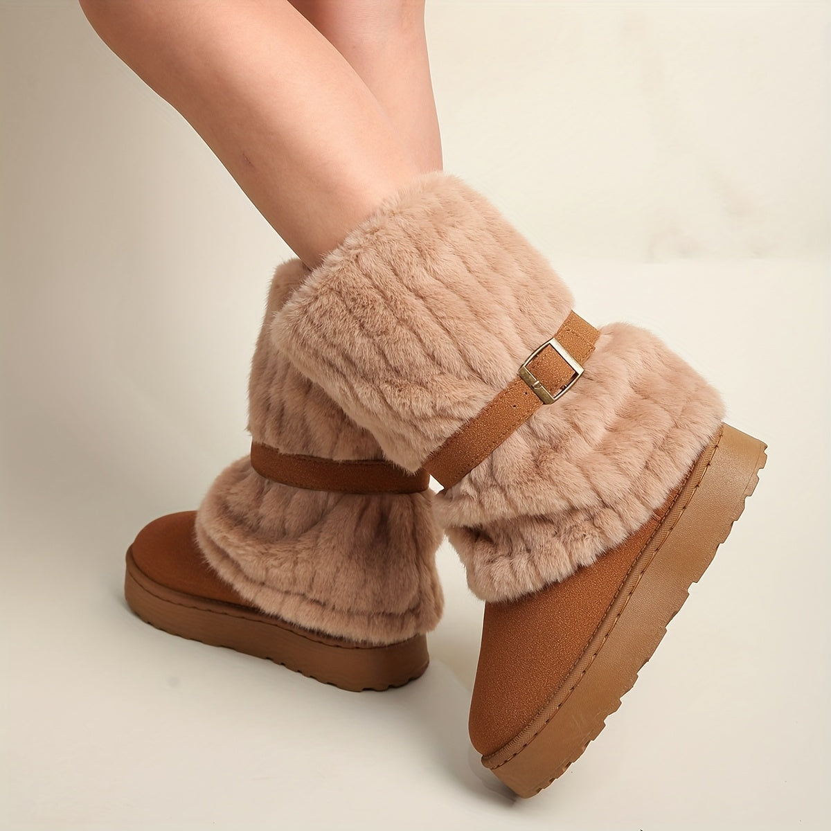 Women'S Mid-Calf Winter Boots with Plush Lining - Warm Fleece-Lined Upper, Adjustable Buckles And Slip-On Wide Fit for Cold Weather (Plus Size Available)