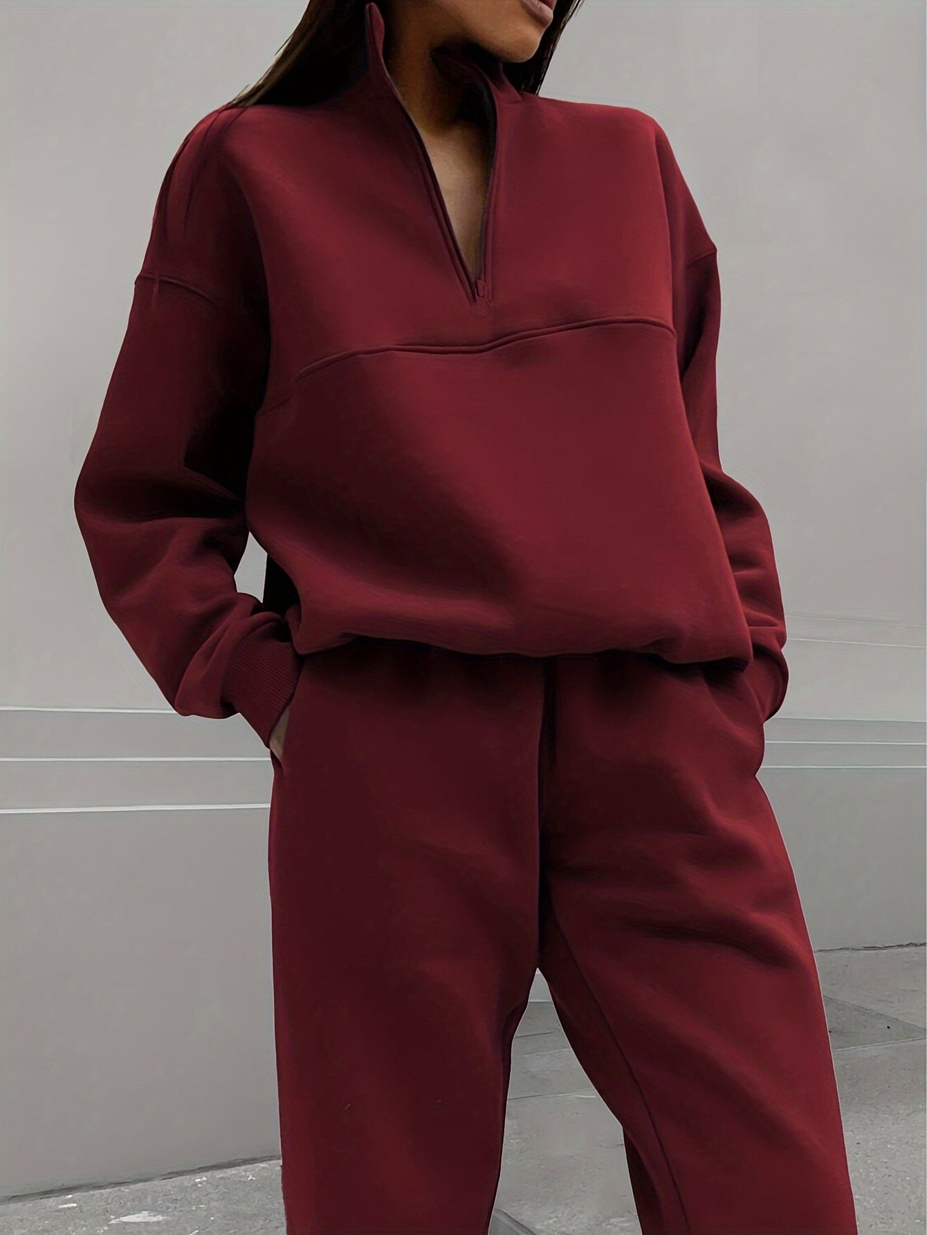 Two-piece Autumn and Winter New Fashion Zip-up Lapel Solid Color Casual Suit, SCACTO