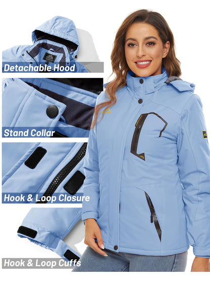 Women'S Warm Ski Jackets Winter Windproof Thermal Fleece Lined Coats Outdoor Detachable Hooded Heavy Weight Thick Jacket Camping Climbing Traveling Snowboard Windbreaker