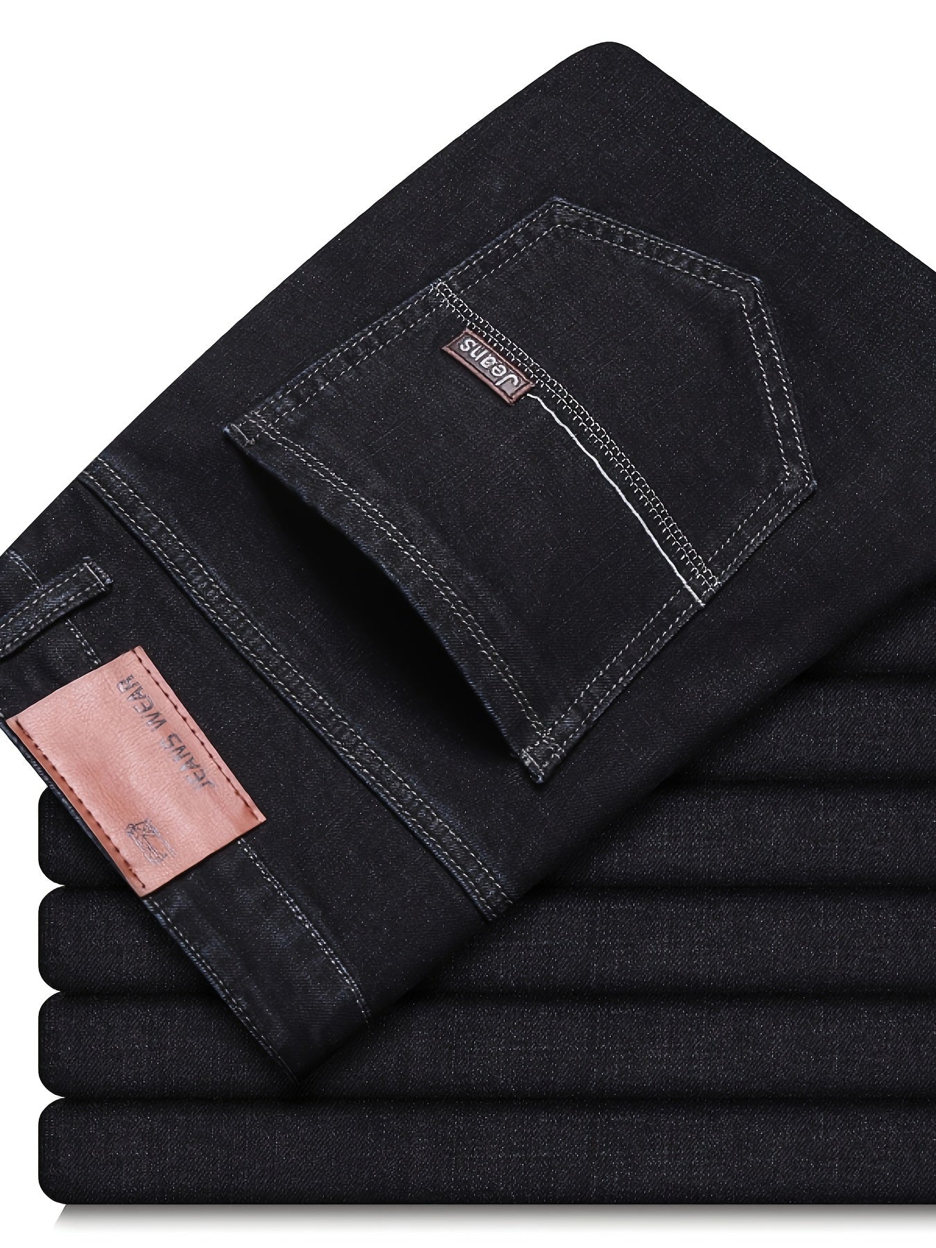 Men's Classic Straight-Leg Stretch Denim Jeans - Water-Washed Black Casual & Business Casual Pants, All-Season Machine Washable Regular Fit