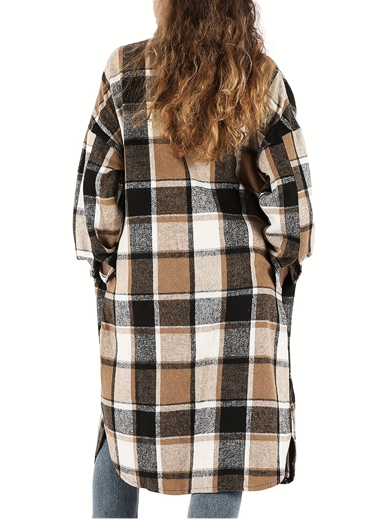 Womens Casual Plaid Button Long Puff Sleeve Long Trench Coats Shackets