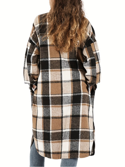 Womens Casual Plaid Button Long Puff Sleeve Long Trench Coats Shackets