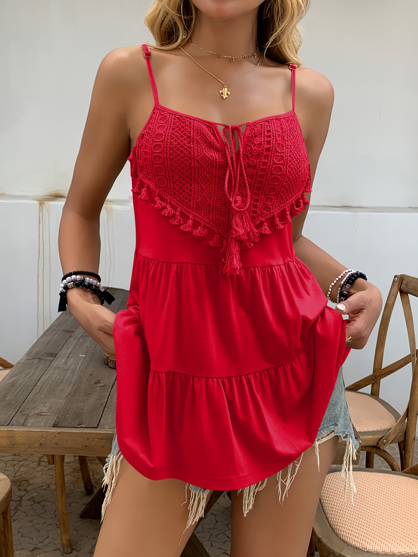 ZAFUL Summer Trendy Lightweight Camisole, Women'S Attractive Heart-Shaped Small V-Neck Lace-Up Tassel Top, Fluffy Layered Cake Design New Camisole