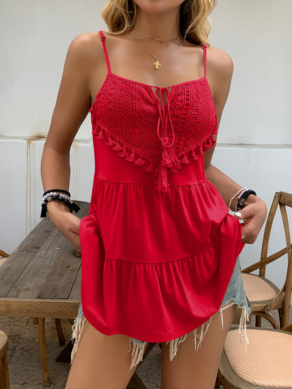 ZAFUL Summer Trendy Lightweight Camisole, Women'S Attractive Heart-Shaped Small V-Neck Lace-Up Tassel Top, Fluffy Layered Cake Design New Camisole