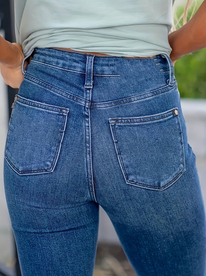Women's High Waist Straight Fit - Comfortable And Versatile Blue Denim with Buttoned Design, Stretch Fit, Elegant Fairy Style, Suitable for Casual Wear In All Seasons - Classic American Denim, Long Fit, Loose Fit, Machine Washable