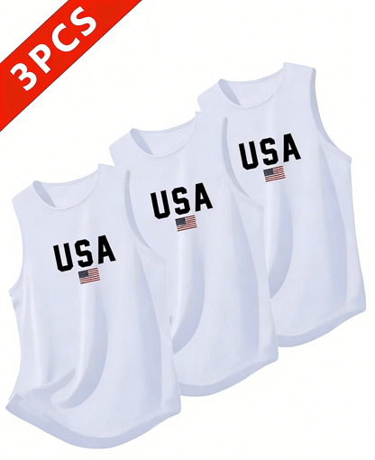 3 pieces of Summer Men'S Heavy Cotton Breathable Vests, Sleeveless Tops Suitable for Running And Training, Featuring USA Letter Prints, Available in Black, White