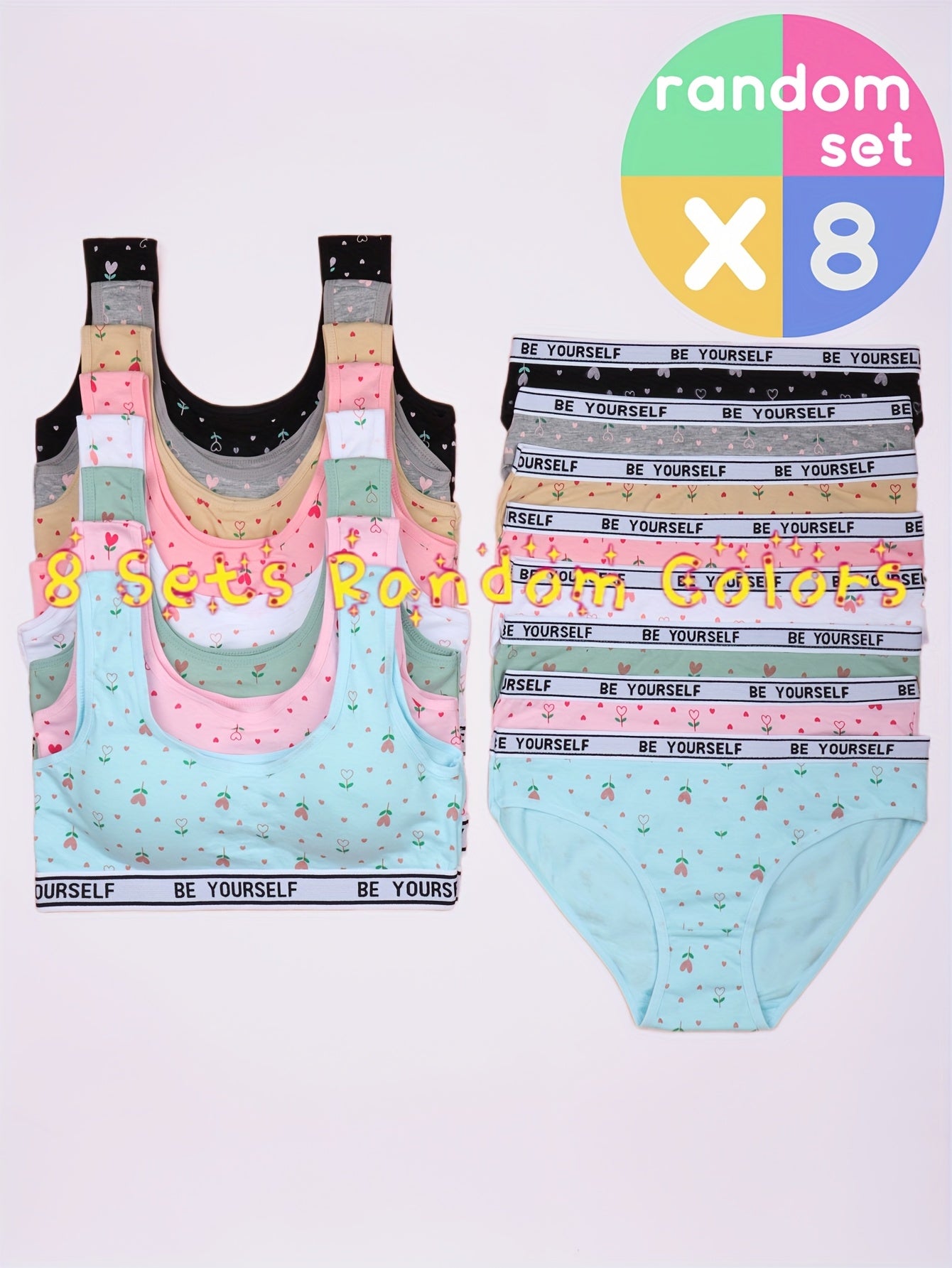 8 Set Bra Panties Set Comfy Breathable Underwear Set, Cute Heart Letter Print Training Set for 10-16, for Teenager, For Teenager