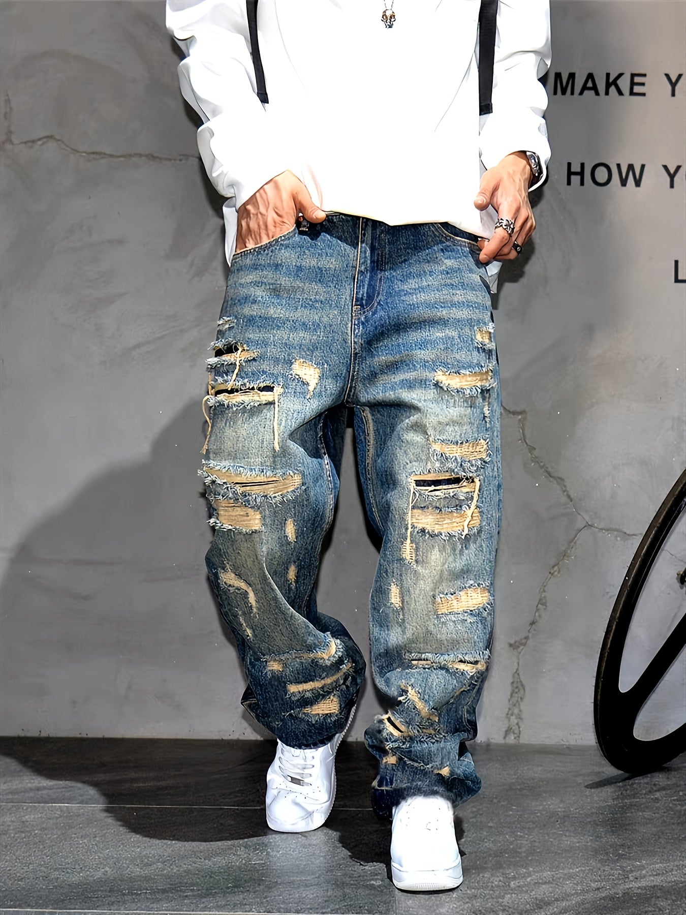 American Style High Street Patch, Wide Leg Jeans with Holes, Men's Fashion, Rugged And Stylish, Loose Design, Straight Leg Pants, Men's Fashion