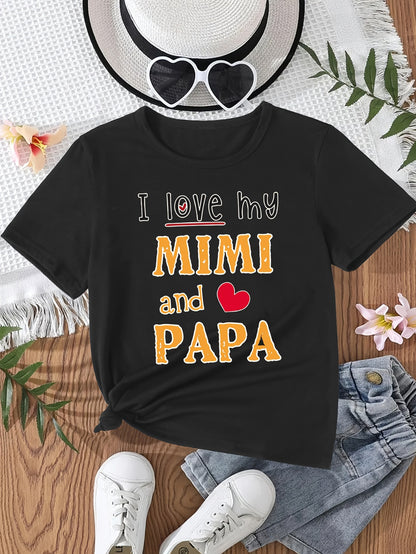 I LOVE MY MOMO AND LOVE PAPA Printed 100% Cotton Round Neck Girls T-shirt
