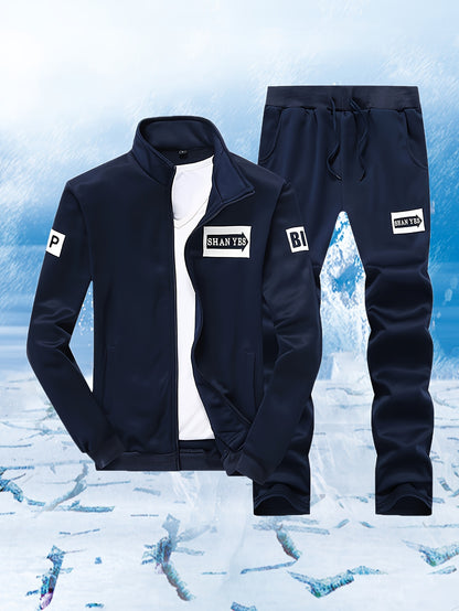 Men'S Navy Blue Tracksuit Set for Spring And Autumn - Zip-Up Jacket with 'SPORT' Print And Joggers, Made of 100%, Non-Stretch Material, Featuring Pockets