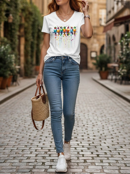 Women'S V-Neck T-Shirt - White Top with Colorful Hummingbirds Graphic - Lightweight Everyday Shirt for Women - Perfect Gift for Birthdays, Anniversaries - All-Season Casual Outfit, Ladies T Shirts, Vibrant Print Tee, Comfortable Fit Tee, Versatile Clothin