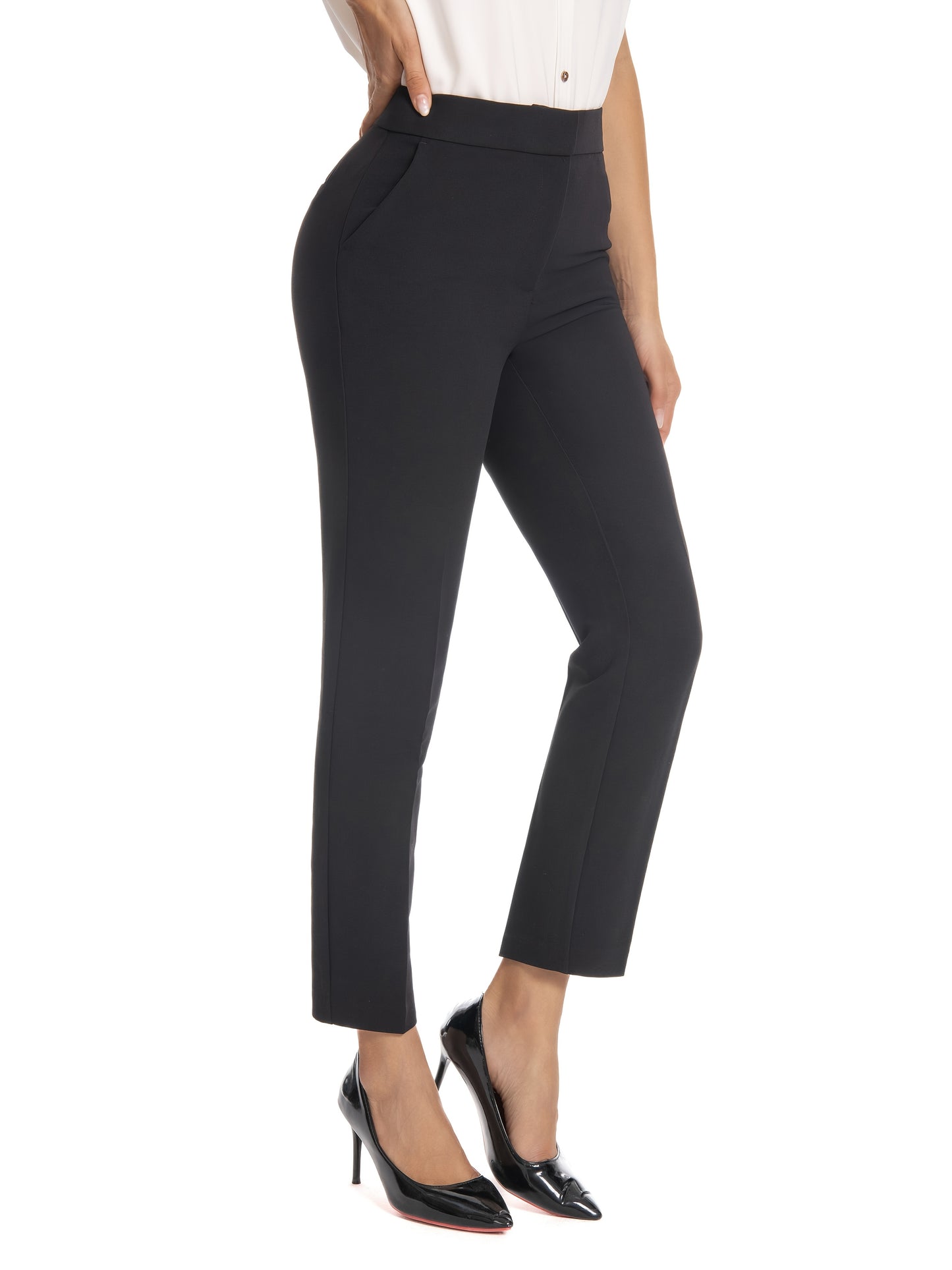 Women'S Mid Waisted Slim Fit Ankle Length Stretch Trousers Vibrant Red High Stretch Fabric with Pockets, Elegant Office Workwear & Evening Out Pants, Machine Washable All-Season Versatile Bottoms, Formal Attire Trousers, Easycare Trouser