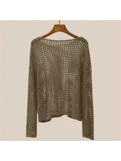 1pc, Hollow Round Neck Loose Sweater, Sunscreen/Commuting, Women Who Prefer Loose Casual Style, Women'S Top, Shoulder Sleeves And Loose Version, Versatile Sunscreen Blouse