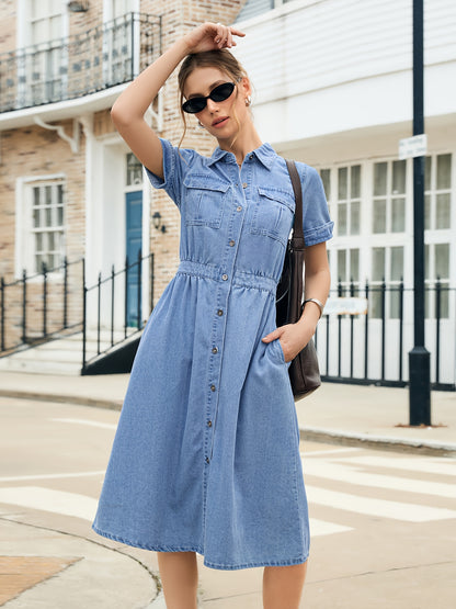[Elegant Denim Dress] Elegant Denim Dress - Stylish Solid Color, Non-Stretch Fabric, Regular Fit with Pockets, Short Sleeve, Long Length, Spring/Summer/Fall Fashion