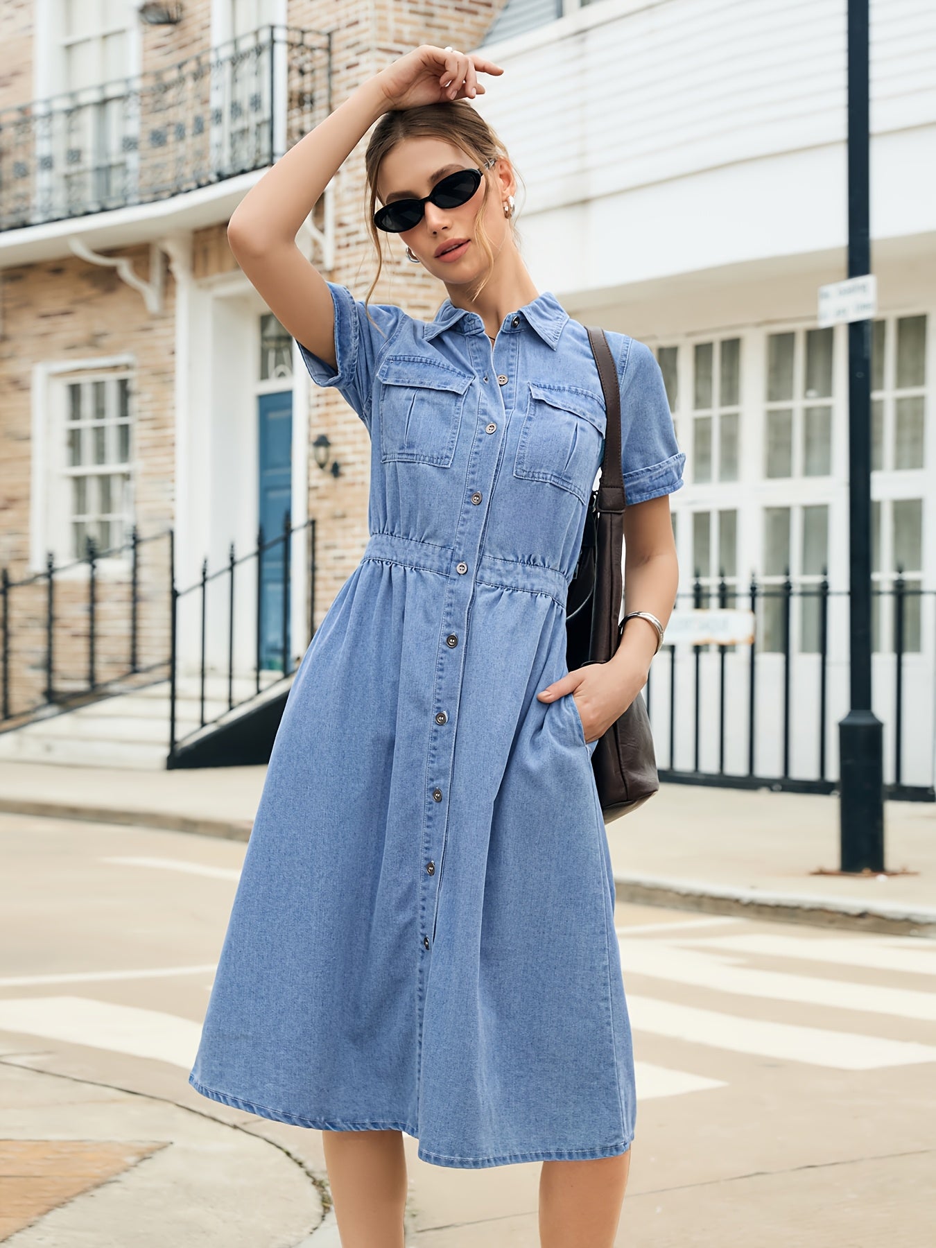 [Elegant Denim Dress] Elegant Denim Dress - Stylish Solid Color, Non-Stretch Fabric, Regular Fit with Pockets, Short Sleeve, Long Length, Spring/Summer/Fall Fashion