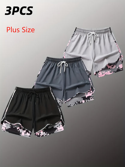 Plus Size - 3pcs - Plus Size Women'S Shorts, Double-layer Fake Two Piece Camouflage Pattern, Breathable Quick Drying Pants, Women'S Shorts With Adjustable Drawstring Waist - Lightweight Fitness, Side Design, Non See Through Casual Wear