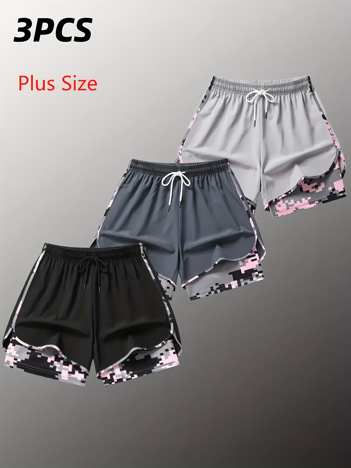 Plus Size - 3pcs - Plus Size Women'S Shorts, Double-layer Fake Two Piece Camouflage Pattern, Breathable Quick Drying Pants, Women'S Shorts With Adjustable Drawstring Waist - Lightweight Fitness, Side Design, Non See Through Casual Wear