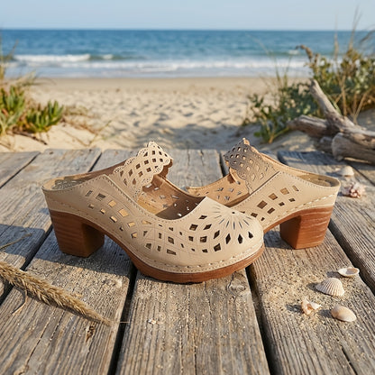 New Summer Women'S High Heel Sandals, Elegant Retro Openwork Breathable Design, Bonded Sewing Craftsmanship, Printed Strap One-Touch Slip-On Style, European And American Style Round Toe Chunky Heel, Back-To-School Season Women'S Shoes, Women Shoes