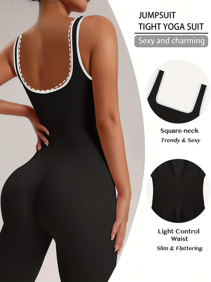 2pcs - Women'S Autumn And Winter Sleeveless Square Collar Long Jumpsuit, 90% Nylon And 10% Elastic Fiber Fabric Comfortable, Thick, Impermeable Washable And Reusable, Suitable For Any Activity Occasion, Exercise, Fitness, Pilates, Running, Yoga
