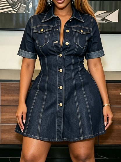 American-Style Hot Fashion Trendy Dark Blue Single-Button Denim Dress for Ladies. New Style Three-Dimensional Patchwork Fitted And Waist-Shrinking A-Line Denim Skirt. Elegant Suit Collar Rolled-Edge Short-Sleeved Design