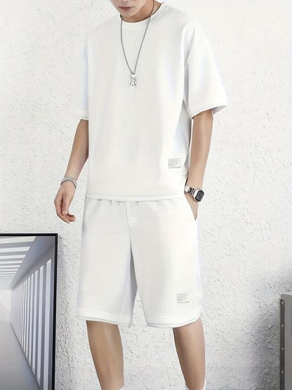 6pcs Waffle Knit Men's Loungewear Set: Soft and Comfortable Short-Sleeve Top + Shorts Pajama Set, Short Sleepwear Combo with Elastic Waist, Suitable for Wearing Outdoors