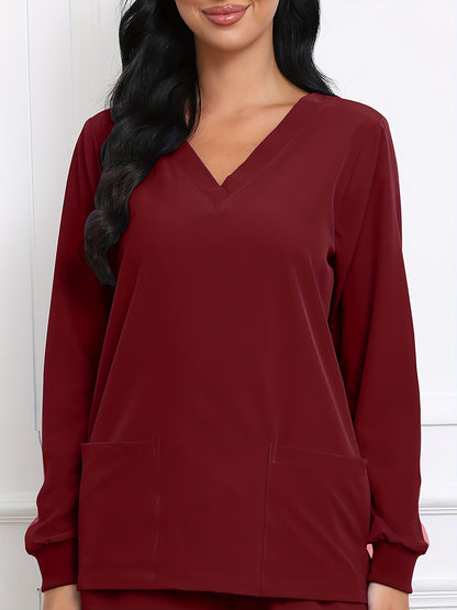 Women's V-Neck Long Sleeve Matte Breathable S Uniform Pockets Wash Clothes Work Shirt Scrubbing Top