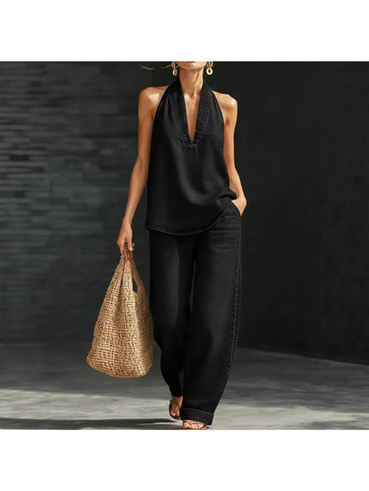 Women's Denim Halter 2pcs Set 2026, Casual Sleeveless V Neck Top & Wide Leg Pants, Loose Fit Streetwear Outfit Eight, Airy & Relaxed Fit