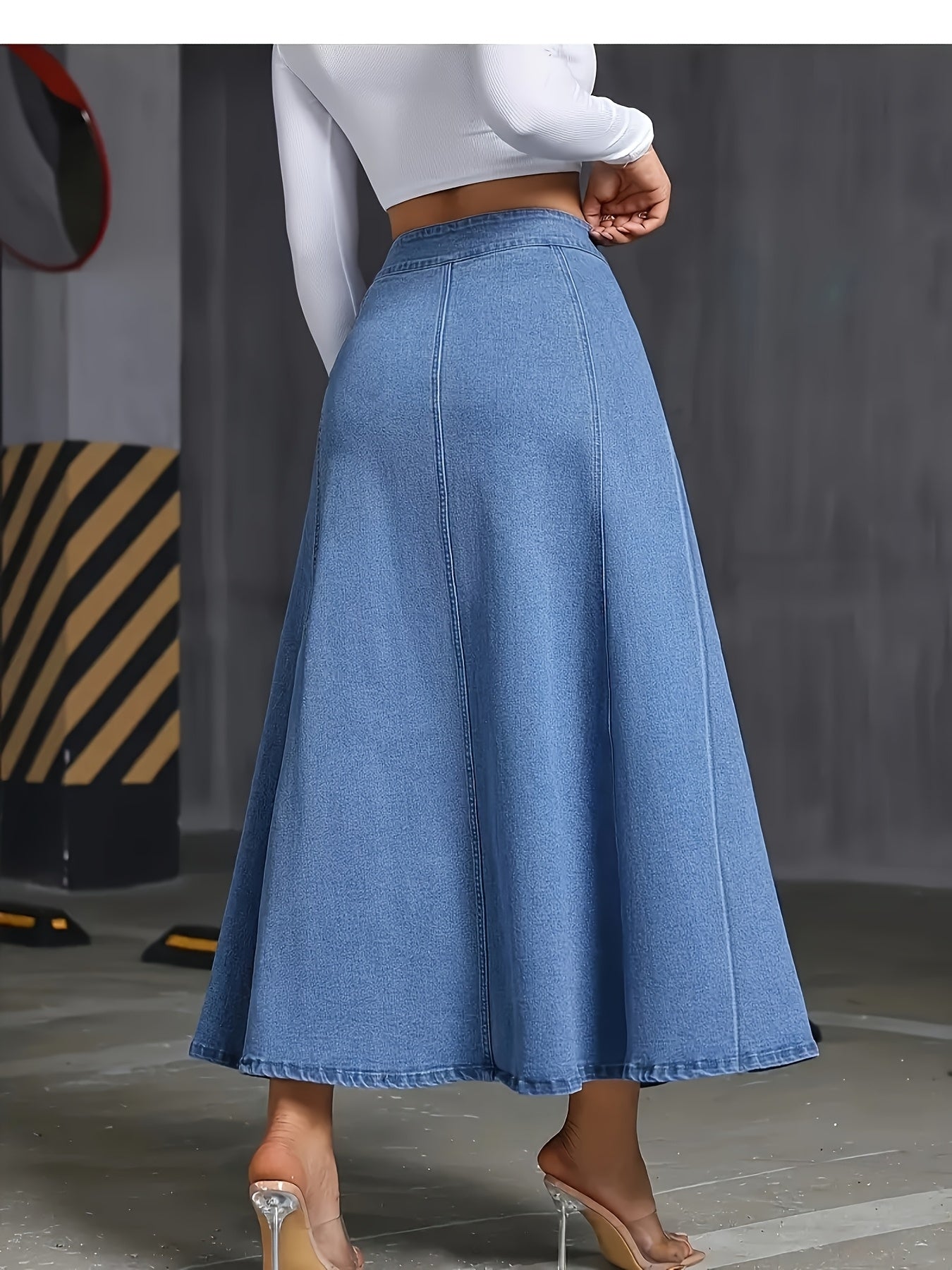 1pc Women'S Elegant Stretch Denim Skirt - Wide Swing Summer Length with Button Detail, Machine Washable Regular Fit Solid Color for Casual & Formal Wear, Everyday Fashion, Comfortable Fashion