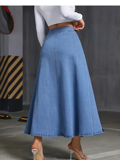 1pc Women'S Elegant Stretch Denim Skirt - Wide Swing Summer Length with Button Detail, Machine Washable Regular Fit Solid Color for Casual & Formal Wear, Everyday Fashion, Comfortable Fashion