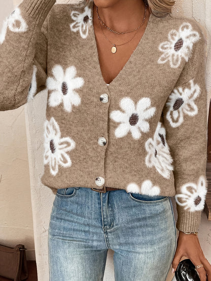 Women's Printed Button Cardigan V-neck Drooping Shoulder Coat