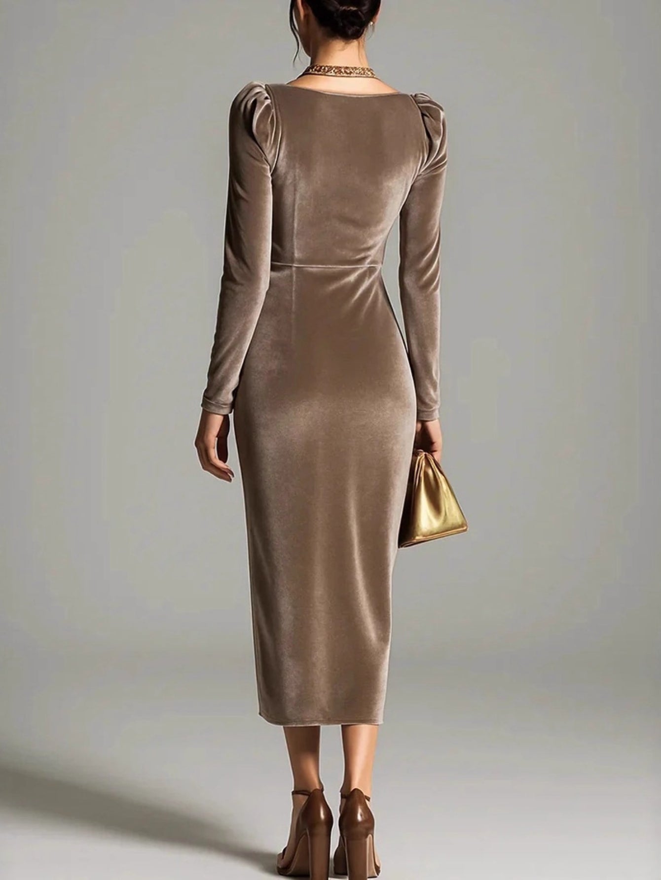 Women's 【Brown】 Polyester Ruffle V-Neck Dress - product view 8
