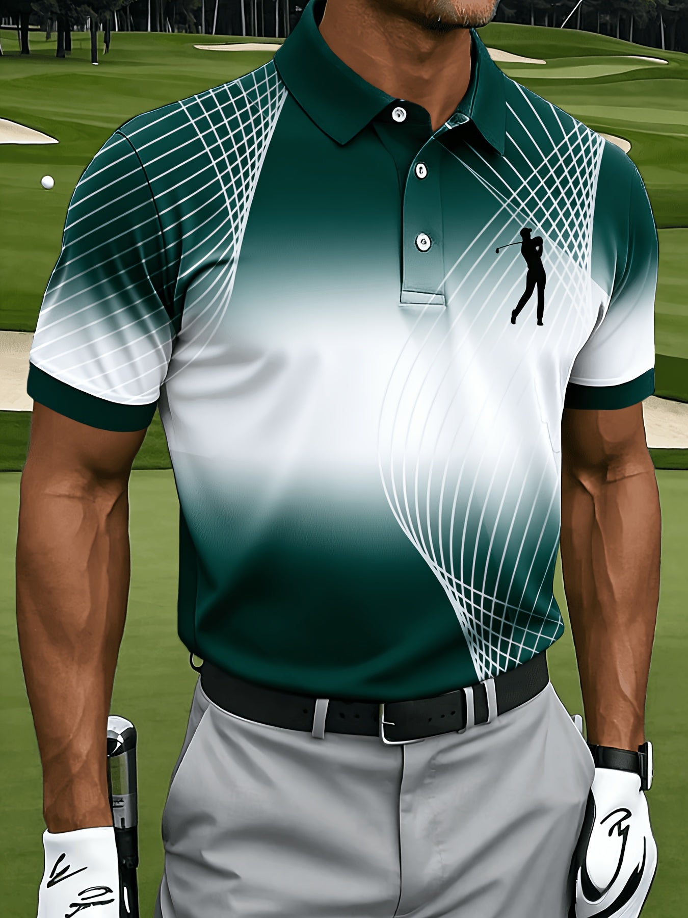 Men's Casual Sports Short Sleeve, Mesh Lines and Golf Pattern Print, Polyester Fabric Machine Washable, Breathable Regular Fit, Suitable for Daily Casual Sports Wear, PLUS SIZE