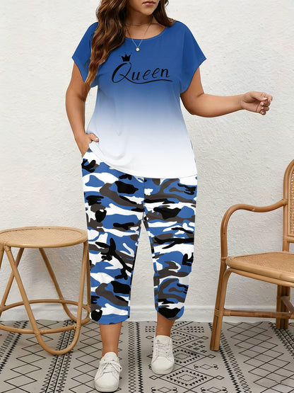 Plus Size, Spring/Summer Plus Size Women's 2pcs Set, Gradient Print And Queen Print, Round Neck Top with Capri Pants, Suitable for Home, Leis And Outings