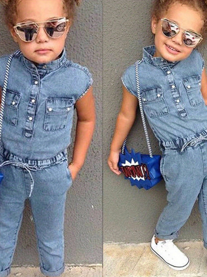 Little Kids Girls Fall Denim Jumpsuit - Sleeveless Folded Collar Button- One-Piece with Chest Pockets Long Pants, Easy Soft Daily Outing Photo Prop Leisure Autumn Clothes, for Outdoor