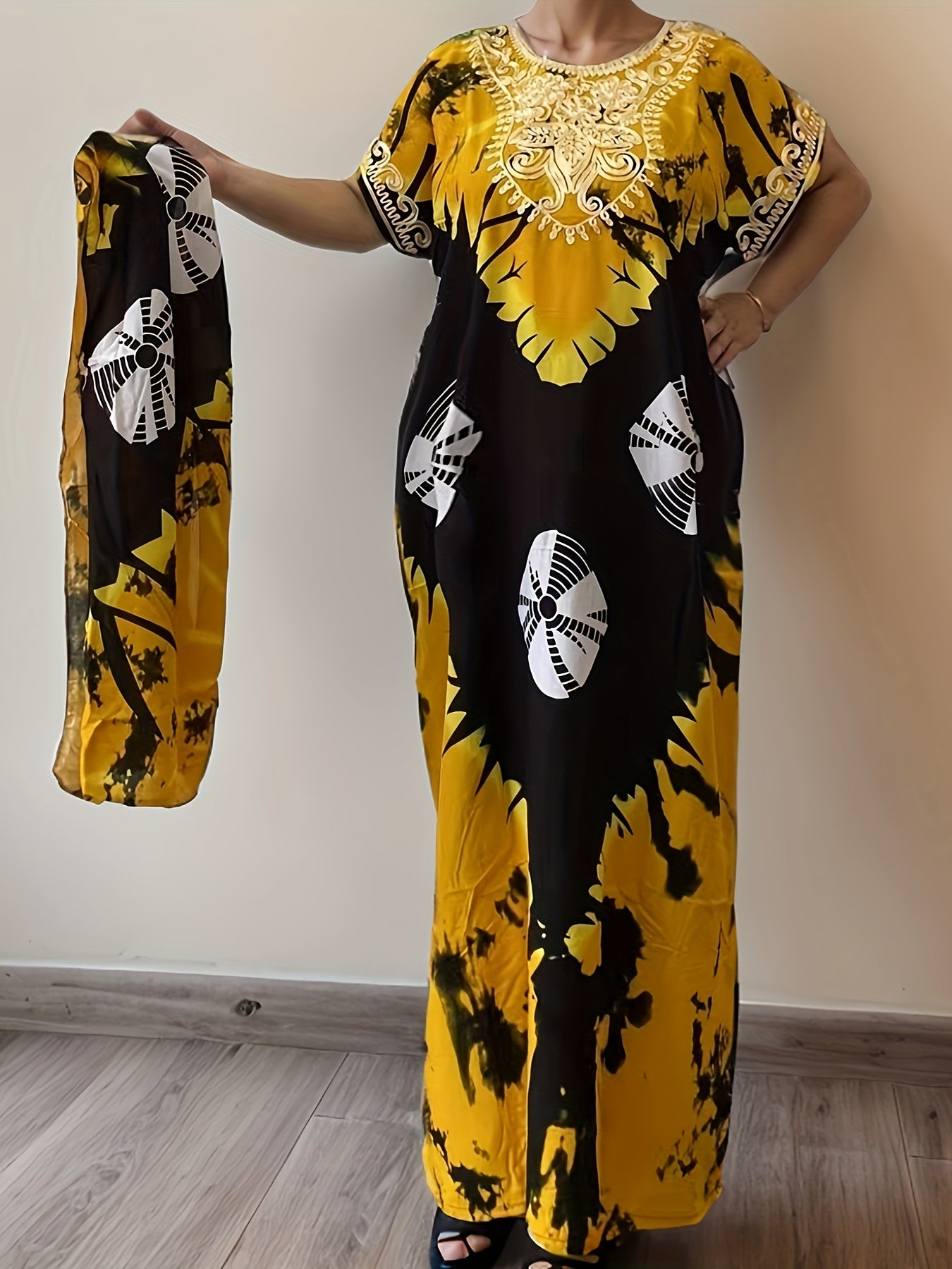 Elegant Ramadan Kaftan Dress: Middle Eastern Women's Long Sleeve, Floral Print, Rayon/Viscose, Seasonal, Straight Cut,, Sari Style, Suitable for All Seasons