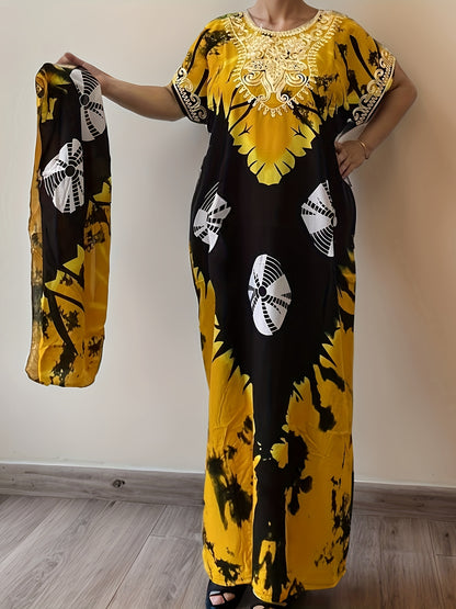 Elegant Ramadan Kaftan Dress: Middle Eastern Women's Long Sleeve, Floral Print, Rayon/Viscose, Seasonal, Straight Cut,, Sari Style, Suitable for All Seasons